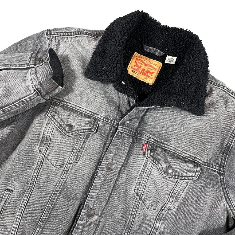 Levi's Men's Large Vintage Fit Sherpa Trucker Jacket Black Stonewash 90's Y2K